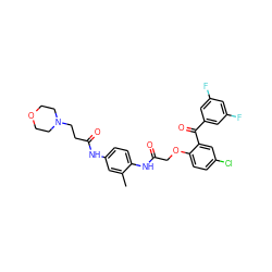 Cc1cc(NC(=O)CCN2CCOCC2)ccc1NC(=O)COc1ccc(Cl)cc1C(=O)c1cc(F)cc(F)c1 ZINC000028567539