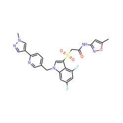 Cc1cc(NC(=O)CS(=O)(=O)c2cn(Cc3ccc(-c4cnn(C)c4)nc3)c3cc(F)cc(F)c23)no1 ZINC000299820992