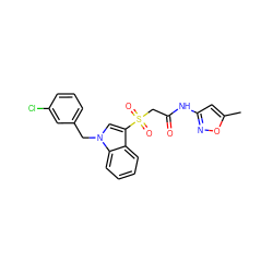 Cc1cc(NC(=O)CS(=O)(=O)c2cn(Cc3cccc(Cl)c3)c3ccccc23)no1 ZINC000061949678