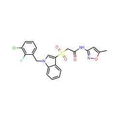 Cc1cc(NC(=O)CS(=O)(=O)c2cn(Cc3cccc(Cl)c3F)c3ccccc23)no1 ZINC000070461161