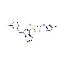 Cc1cc(NC(=O)CS(=O)(=O)c2cn(Cc3cccc(F)c3)c3ccccc23)no1 ZINC000002722237