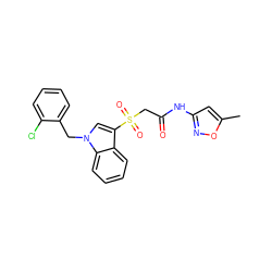 Cc1cc(NC(=O)CS(=O)(=O)c2cn(Cc3ccccc3Cl)c3ccccc23)no1 ZINC000002722303