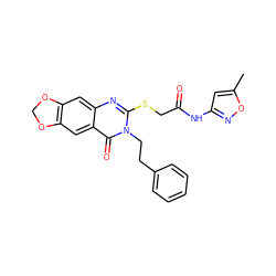 Cc1cc(NC(=O)CSc2nc3cc4c(cc3c(=O)n2CCc2ccccc2)OCO4)no1 ZINC000002975859