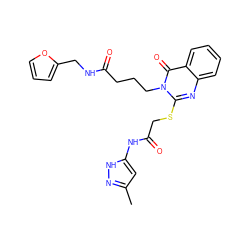 Cc1cc(NC(=O)CSc2nc3ccccc3c(=O)n2CCCC(=O)NCc2ccco2)[nH]n1 ZINC000005067710