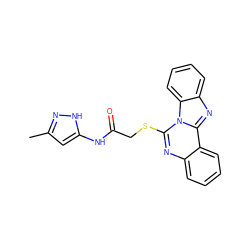 Cc1cc(NC(=O)CSc2nc3ccccc3c3nc4ccccc4n23)[nH]n1 ZINC000005028285