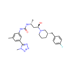 Cc1cc(NC(=O)N[C@H](C)C[C@@H](O)N2CCC[C@@H](Cc3ccc(F)cc3)C2)cc(-c2nnnn2C)c1 ZINC000029129841