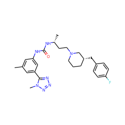 Cc1cc(NC(=O)N[C@H](C)CCN2CCC[C@@H](Cc3ccc(F)cc3)C2)cc(-c2nnnn2C)c1 ZINC000029129202