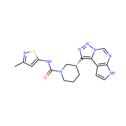 Cc1cc(NC(=O)N2CCC[C@@H](c3nnn4cnc5[nH]ccc5c34)C2)sn1 ZINC001772609166