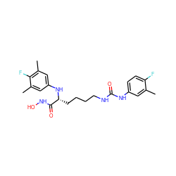 Cc1cc(NC(=O)NCCCC[C@@H](Nc2cc(C)c(F)c(C)c2)C(=O)NO)ccc1F ZINC000064527632