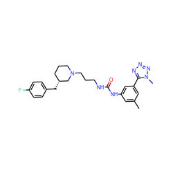 Cc1cc(NC(=O)NCCCN2CCC[C@@H](Cc3ccc(F)cc3)C2)cc(-c2nnnn2C)c1 ZINC000029395019