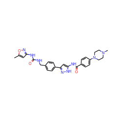 Cc1cc(NC(=O)NCc2ccc(-c3cc(NC(=O)c4ccc(N5CCN(C)CC5)cc4)[nH]n3)cc2)no1 ZINC000096270651