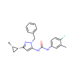 Cc1cc(NC(=O)Nc2cc([C@@H]3C[C@@H]3C)nn2Cc2ccccc2)ccc1F ZINC000299821438