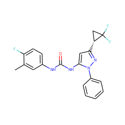 Cc1cc(NC(=O)Nc2cc([C@@H]3CC3(F)F)nn2-c2ccccc2)ccc1F ZINC000299827032