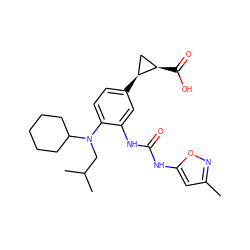 Cc1cc(NC(=O)Nc2cc([C@H]3C[C@H]3C(=O)O)ccc2N(CC(C)C)C2CCCCC2)on1 ZINC000224232461