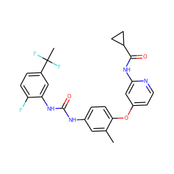 Cc1cc(NC(=O)Nc2cc(C(C)(F)F)ccc2F)ccc1Oc1ccnc(NC(=O)C2CC2)c1 ZINC001772642468