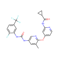 Cc1cc(NC(=O)Nc2cc(C(F)(F)F)ccc2F)cnc1Oc1ccnc(NC(=O)C2CC2)c1 ZINC001772608361