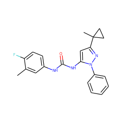 Cc1cc(NC(=O)Nc2cc(C3(C)CC3)nn2-c2ccccc2)ccc1F ZINC000299830512