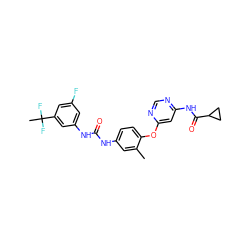 Cc1cc(NC(=O)Nc2cc(F)cc(C(C)(F)F)c2)ccc1Oc1cc(NC(=O)C2CC2)ncn1 ZINC001772620630