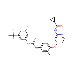 Cc1cc(NC(=O)Nc2cc(F)cc(C(C)(F)F)c2)ccc1Oc1ccnc(NC(=O)C2CC2)c1 ZINC001772589793