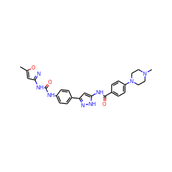 Cc1cc(NC(=O)Nc2ccc(-c3cc(NC(=O)c4ccc(N5CCN(C)CC5)cc4)[nH]n3)cc2)no1 ZINC000096270664