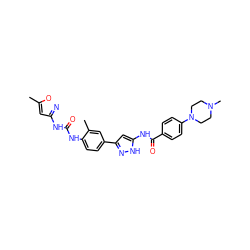 Cc1cc(NC(=O)Nc2ccc(-c3cc(NC(=O)c4ccc(N5CCN(C)CC5)cc4)[nH]n3)cc2C)no1 ZINC000096270662