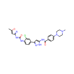 Cc1cc(NC(=O)Nc2ccc(-c3cc(NC(=O)c4ccc(N5CCN(C)CC5)cc4)[nH]n3)cc2Cl)no1 ZINC000096270661