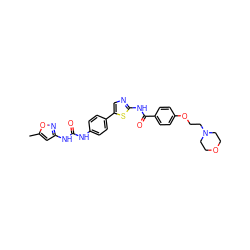 Cc1cc(NC(=O)Nc2ccc(-c3cnc(NC(=O)c4ccc(OCCN5CCOCC5)cc4)s3)cc2)no1 ZINC000202133077