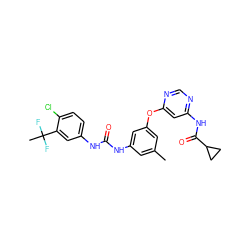 Cc1cc(NC(=O)Nc2ccc(Cl)c(C(C)(F)F)c2)cc(Oc2cc(NC(=O)C3CC3)ncn2)c1 ZINC001772576177