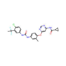 Cc1cc(NC(=O)Nc2ccc(Cl)c(C(C)(F)F)c2)ccc1Oc1cc(NC(=O)C2CC2)ncn1 ZINC001772597888