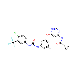 Cc1cc(NC(=O)Nc2ccc(Cl)c(C(F)(F)F)c2)cc(Oc2cc(NC(=O)C3CC3)ncn2)c1 ZINC001772631570