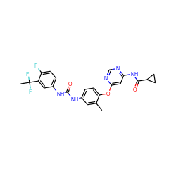 Cc1cc(NC(=O)Nc2ccc(F)c(C(C)(F)F)c2)ccc1Oc1cc(NC(=O)C2CC2)ncn1 ZINC001772587196