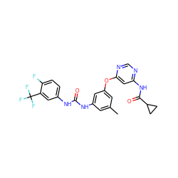 Cc1cc(NC(=O)Nc2ccc(F)c(C(F)(F)F)c2)cc(Oc2cc(NC(=O)C3CC3)ncn2)c1 ZINC001772641470