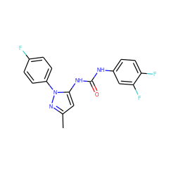 Cc1cc(NC(=O)Nc2ccc(F)c(F)c2)n(-c2ccc(F)cc2)n1 ZINC000096273843