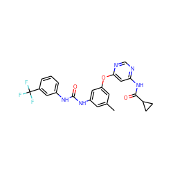 Cc1cc(NC(=O)Nc2cccc(C(F)(F)F)c2)cc(Oc2cc(NC(=O)C3CC3)ncn2)c1 ZINC001772621126