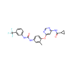 Cc1cc(NC(=O)Nc2cccc(C(F)(F)F)c2)ccc1Oc1cc(NC(=O)C2CC2)ncn1 ZINC001772571612