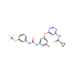 Cc1cc(NC(=O)Nc2cccc(OC(F)(F)F)c2)cc(Oc2cc(NC(=O)C3CC3)ncn2)c1 ZINC001772573192