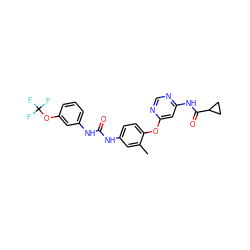 Cc1cc(NC(=O)Nc2cccc(OC(F)(F)F)c2)ccc1Oc1cc(NC(=O)C2CC2)ncn1 ZINC001772629729