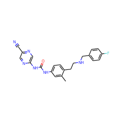 Cc1cc(NC(=O)Nc2cnc(C#N)cn2)ccc1CCNCc1ccc(F)cc1 ZINC000146296195