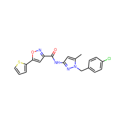 Cc1cc(NC(=O)c2cc(-c3cccs3)on2)nn1Cc1ccc(Cl)cc1 ZINC000004118938