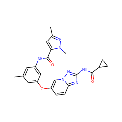 Cc1cc(NC(=O)c2cc(C)nn2C)cc(Oc2ccc3nc(NC(=O)C4CC4)nn3c2)c1 ZINC000096916316