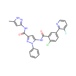 Cc1cc(NC(=O)c2cc(NC(=O)c3cc(-c4ncccc4F)ccc3Cl)n(-c3ccccc3)n2)n[nH]1 ZINC001772589201