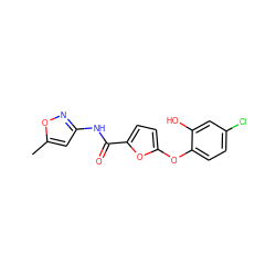 Cc1cc(NC(=O)c2ccc(Oc3ccc(Cl)cc3O)o2)no1 ZINC000095604754