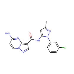 Cc1cc(NC(=O)c2cnn3ccc(N)nc23)n(-c2cccc(Cl)c2)n1 ZINC000095577083