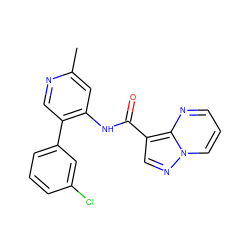 Cc1cc(NC(=O)c2cnn3cccnc23)c(-c2cccc(Cl)c2)cn1 ZINC000095579234