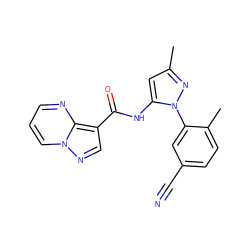 Cc1cc(NC(=O)c2cnn3cccnc23)n(-c2cc(C#N)ccc2C)n1 ZINC000261112136