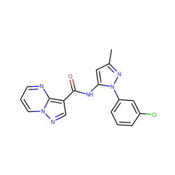 Cc1cc(NC(=O)c2cnn3cccnc23)n(-c2cccc(Cl)c2)n1 ZINC000095579079