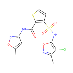 Cc1cc(NC(=O)c2sccc2S(=O)(=O)Nc2onc(C)c2Cl)no1 ZINC000013815726