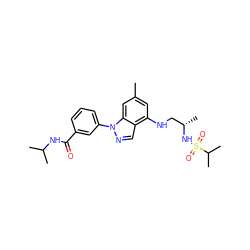 Cc1cc(NC[C@H](C)NS(=O)(=O)C(C)C)c2cnn(-c3cccc(C(=O)NC(C)C)c3)c2c1 ZINC000066101400