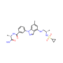 Cc1cc(NC[C@H](C)NS(=O)(=O)C2CC2)c2cnn(-c3cccc(C(=O)N[C@@H](C)C(N)=O)c3)c2c1 ZINC000066066318