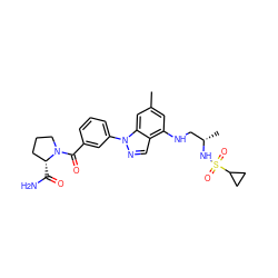 Cc1cc(NC[C@H](C)NS(=O)(=O)C2CC2)c2cnn(-c3cccc(C(=O)N4CCC[C@H]4C(N)=O)c3)c2c1 ZINC000066066667